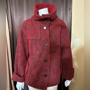 Akris RARE Red Wool & Mohair Teddy Coat with Cashmere Knit Trim